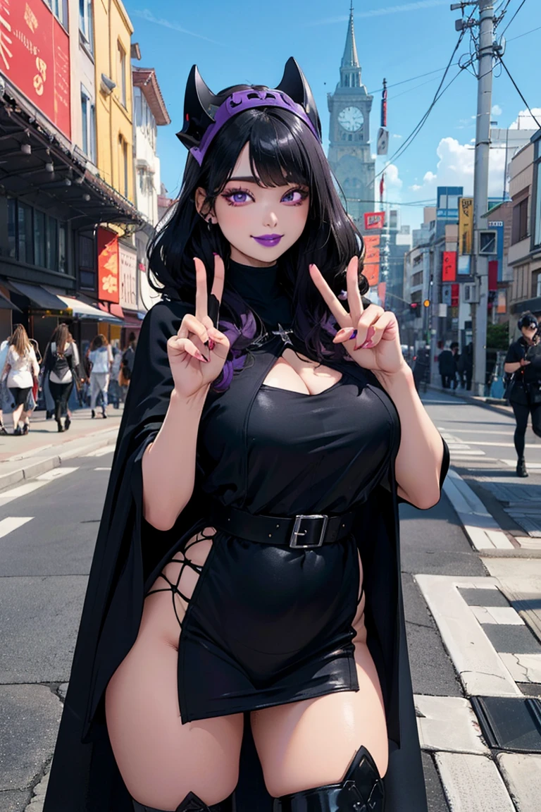 (masterpiece, best quality:1.2), solo, 1girl, seblair, smile, looking at viewer, arms behind back, witch hat, black jacket, cropped jacket, fur trim, long sleeves, tube top, black shorts, black thighhighs , <lora:souleater_blair:1>