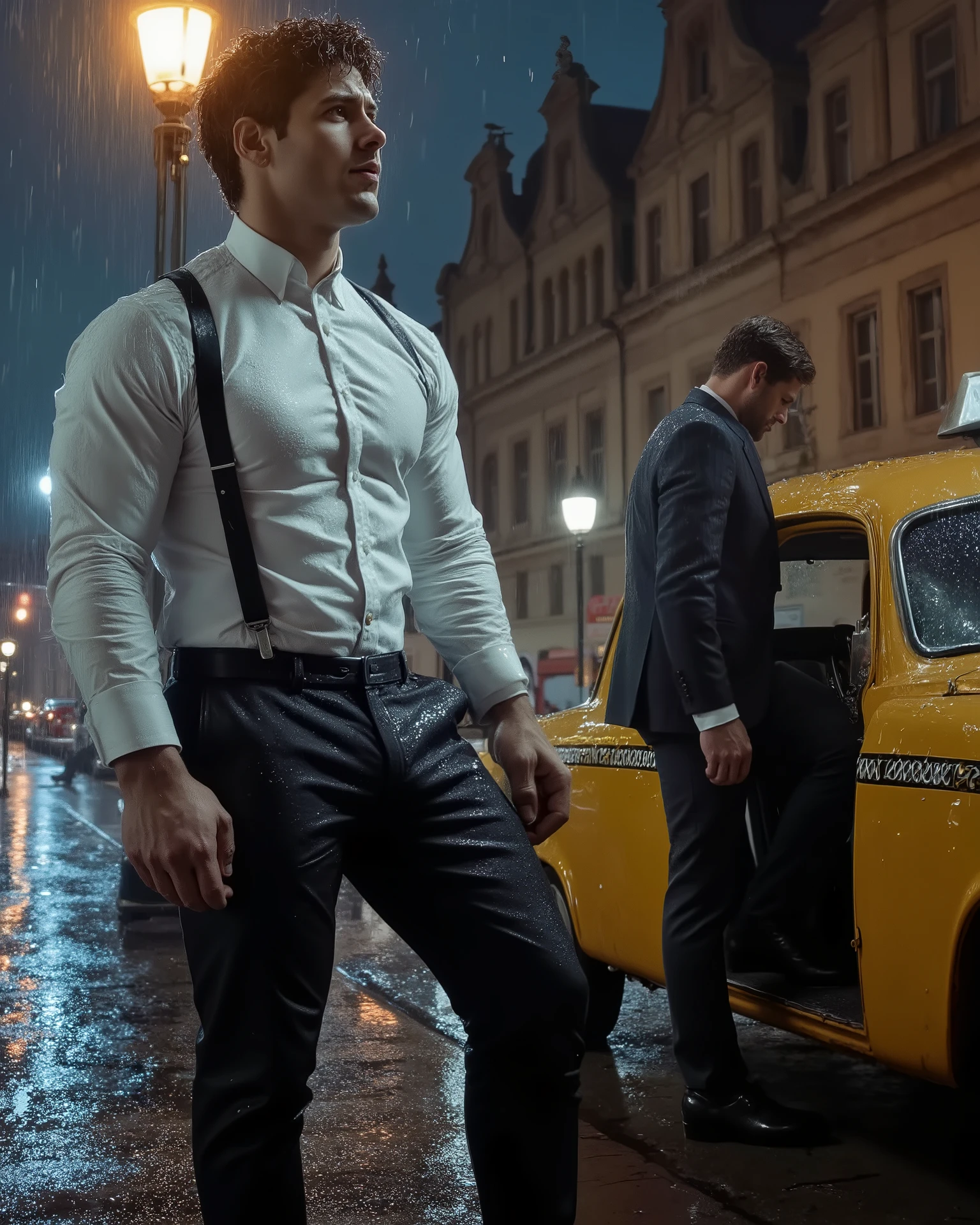 Masterpiece, Accurate, Award Winning, Best Quality, Extremely Detailed, 8K, HD, Super-Resolution, High-Fashion Editorial, F/2.8 Aperture, 85mm Prime Lens, Dynamic Depth of Field, Photorealistic, Full Coloured, Shot on 70mm, 5D. A devastatingly handsome, tall, and muscular man with dark, tousled hair, stands under a flickering vintage streetlamp on a rain-soaked cobblestone street, his white dress shirt soaked through, clinging to his sculpted chest and broad shoulders. His black suspenders hang slightly loose, the damp fabric accentuating every ridge of his powerful torso. His eyes are locked onto another man, stepping out of a sleek, vintage taxi, his own rain-drenched suit jacket glistening under the golden glow of the streetlight.
The scene is bathed in soft, cinematic lighting, with the deep blues and silvers of the rainy night blending into the warm, nostalgic glow of the streetlamp. The rain creates delicate ripples in the puddles at their feet, reflecting the neon buzz of distant city lights. The tension between them is palpable, electric, unspoken yet undeniable, as if the entire world has disappeared, leaving only the two of them in this intimate, rain-drenched moment of longing and unspoken desire.
The low-angle, full-body shot enhances the emotional weight, capturing the way the rain glistens against their skin, highlighting the raw vulnerability in their stance. The distant blur of a bustling city fades into the background, ensuring all focus remains on the two figures, suspended in a moment of longing, passion, and the fleeting nature of forbidden romance.
