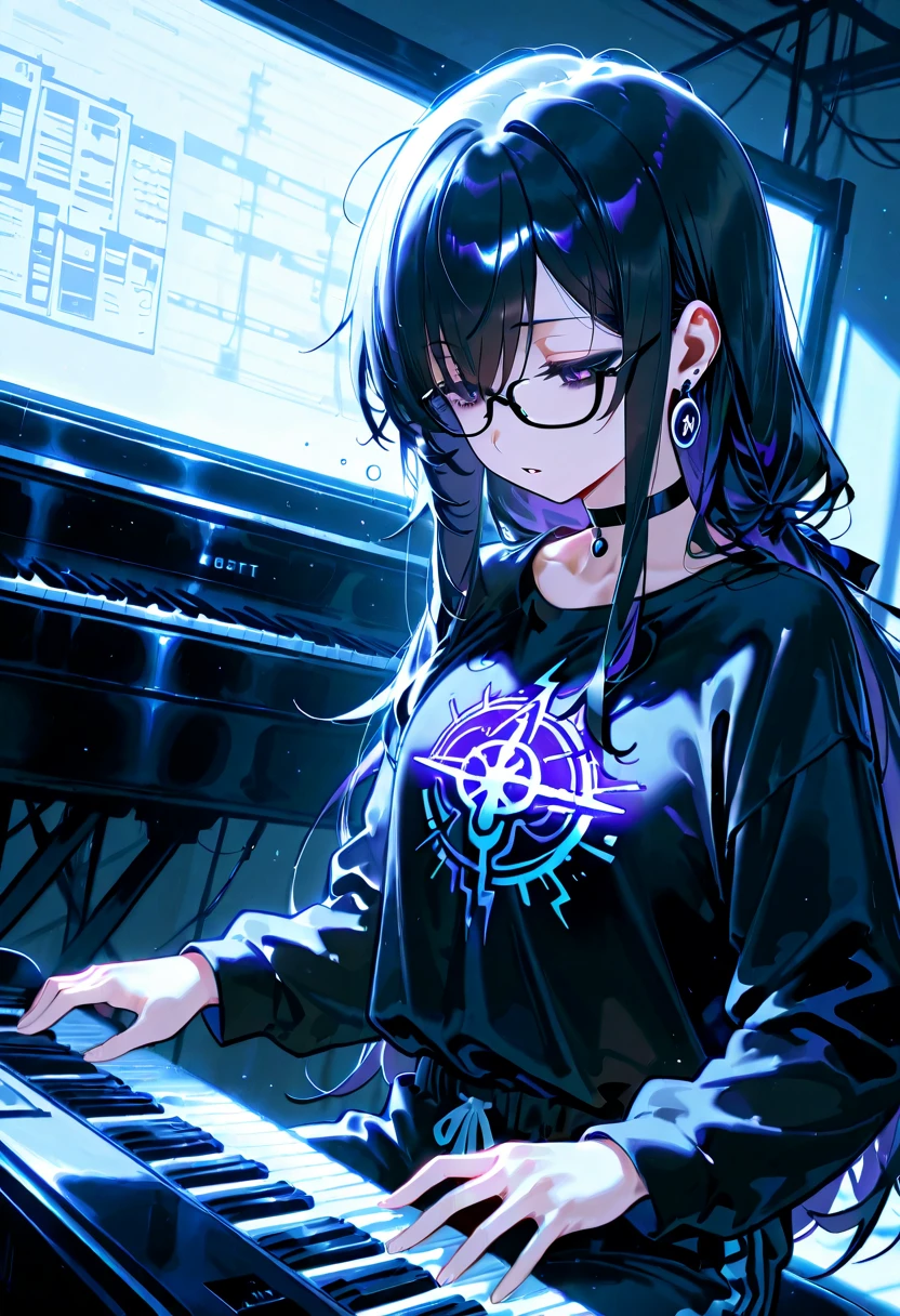 score_9, score_8_up, score_7_up, source_anime, 1girl, purple eyes, (dark circles under eyes), earrings, long hair, black hair, solo, parted lips, looking down, black choker, emo graphic shirt, sweatpants, ((playing the electric piano, wears glasses, sleepy)), (masterpiece, studio background, dynamic angle, highly detailed, detailed eyes, best quality)