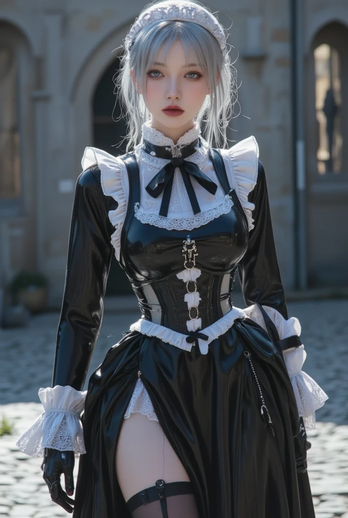 sexy stylish female model, only 1 female, ((doll-like appearance)), long multicolor stylish hair, ((shiny Punk-Style boots)), (big smile), ultra detailed eyes, Punk makeup, lipgloss, ((sexy Punk Lolita cosplay)), unconventional skirt, petticoats, high neckline, ((ultra detailed lace)), ((ultra detailed embroidery)), intricate details, tartan patterns, ((silver chains)), ((silver spikes)), ((safety pins)), Punk Lolita accessoires, Punk Lolita choker, ((large sparkling Punk Lolita jewelry)), cinematic light, detailed large park background with trees