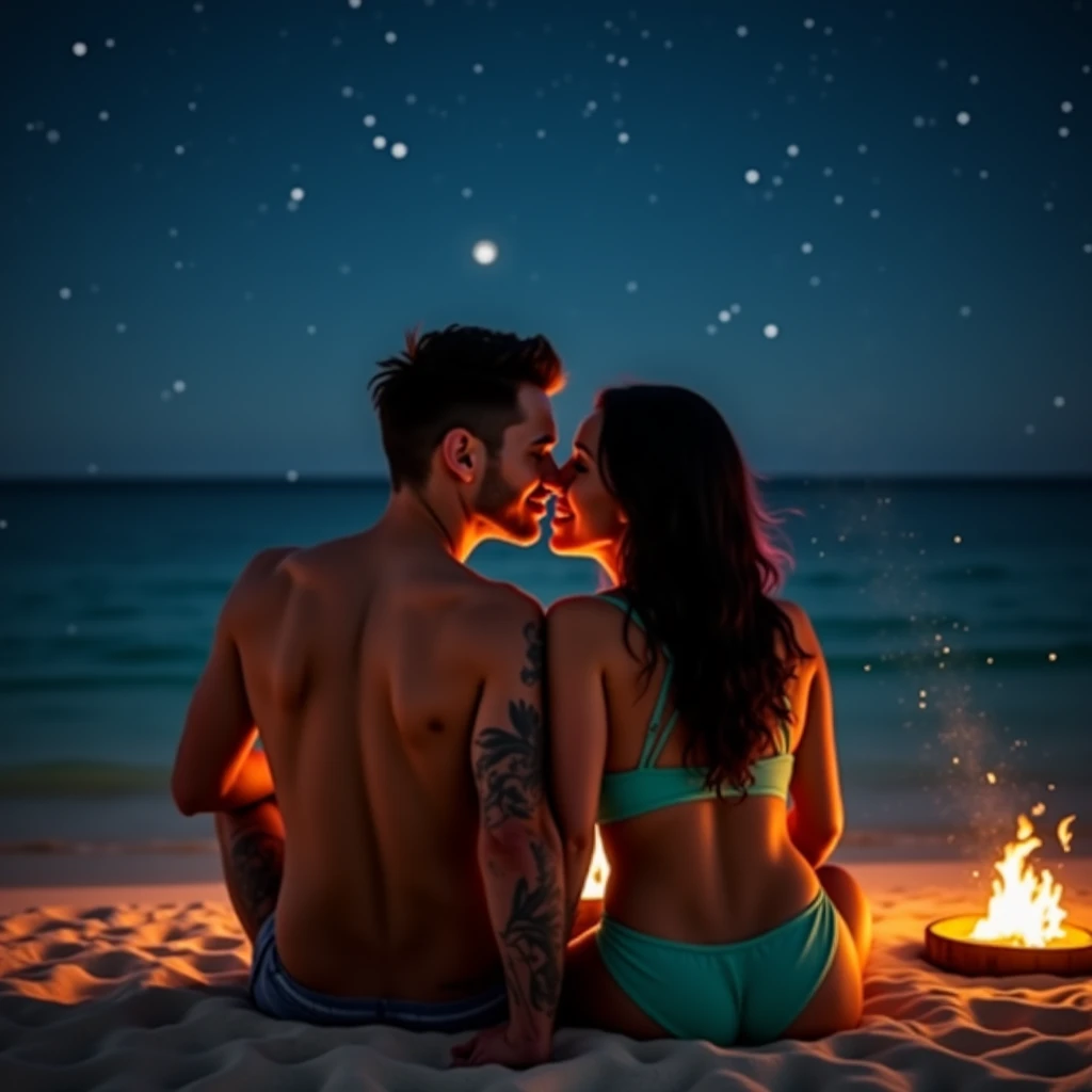 The man in his 45s with black very short hair and smooth face with moustache. The woman in her 45s with brown wavy long hair. The man is wearing an unbuttoned white shirt and black trousers. The woman is wearing a black strapless dress. They are on the beach. There is a campfire. Night, dark, dim. Missionary sex. The woman is moaning. Ultra realistic.