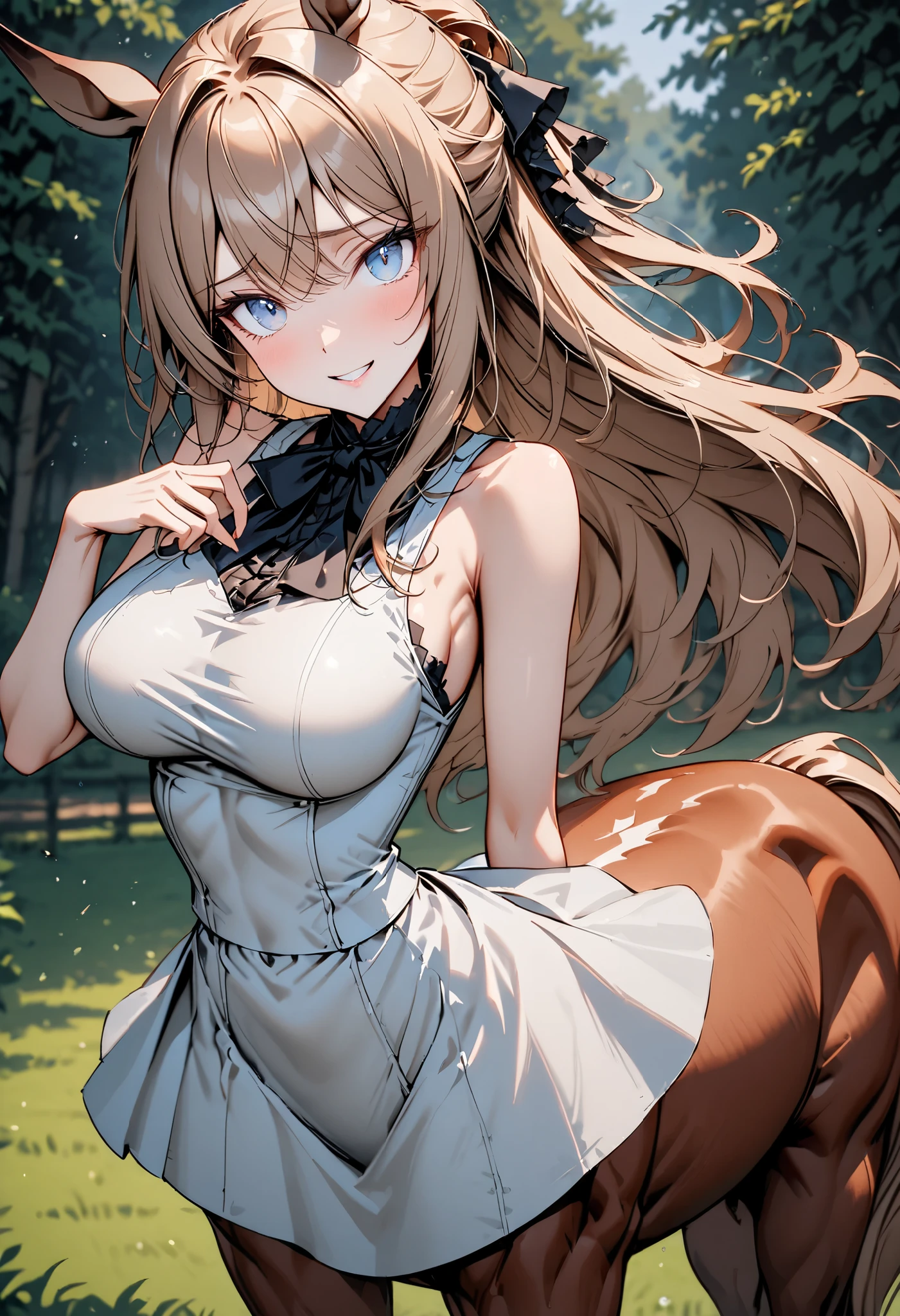 solo, solo, female, centaur, large breasts, thin waist, shy, intelligent, student, Chestnut brown fur, cherry blonde hair and tail, gentle, smile, rural estate, wealthy, close up, horse body, horse legs, centaur, centaur, Victorian, centaur girl, very tall, long straight hair, tied hair, white sundress, simple dress, close up, wide smile, action pose, cute, adoring eyes, greyish blue eyes