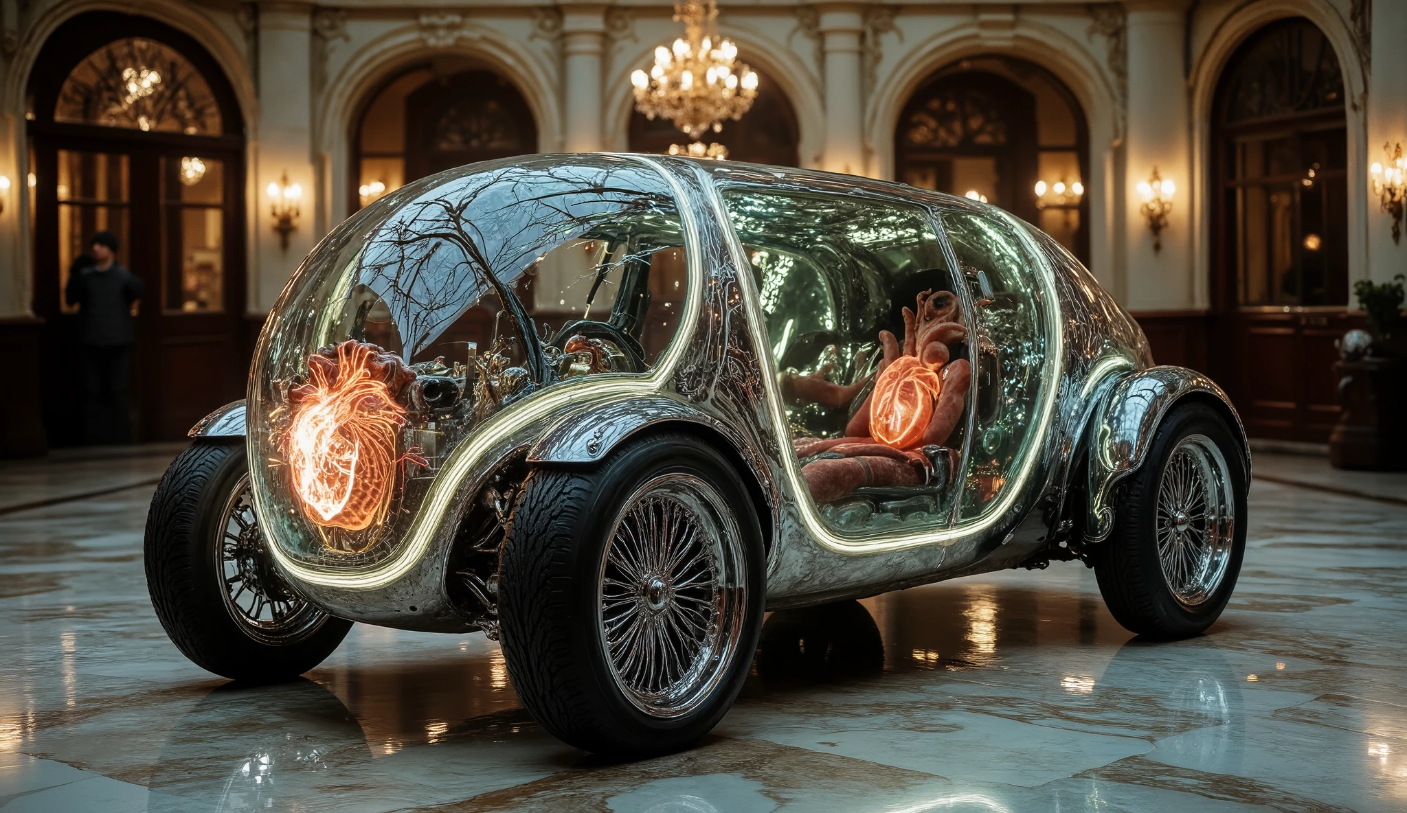 A futuristic vehicle, of impossible design, Move through a Gothic nightlife city where Art Deco merges with biotechnology. The vehicle body is not made of metal, but of a semi-translucent structure that seems to be made of a mixture of organic glass and biological tissue. The front of the vehicle is formed by a large transparent capsule in which you can see a kind of organic heart pulsating, illuminated with a bioluminescent glow. The exterior of the vehicle is illuminated with neon lights that run along the lines y, with golden reflections that accentuate its futuristic appearance. The wheels seem to be biological parts that move in transparent fluids, while small flares of light add dynamism, casting shadows that dance on the Art Deco marble floor.