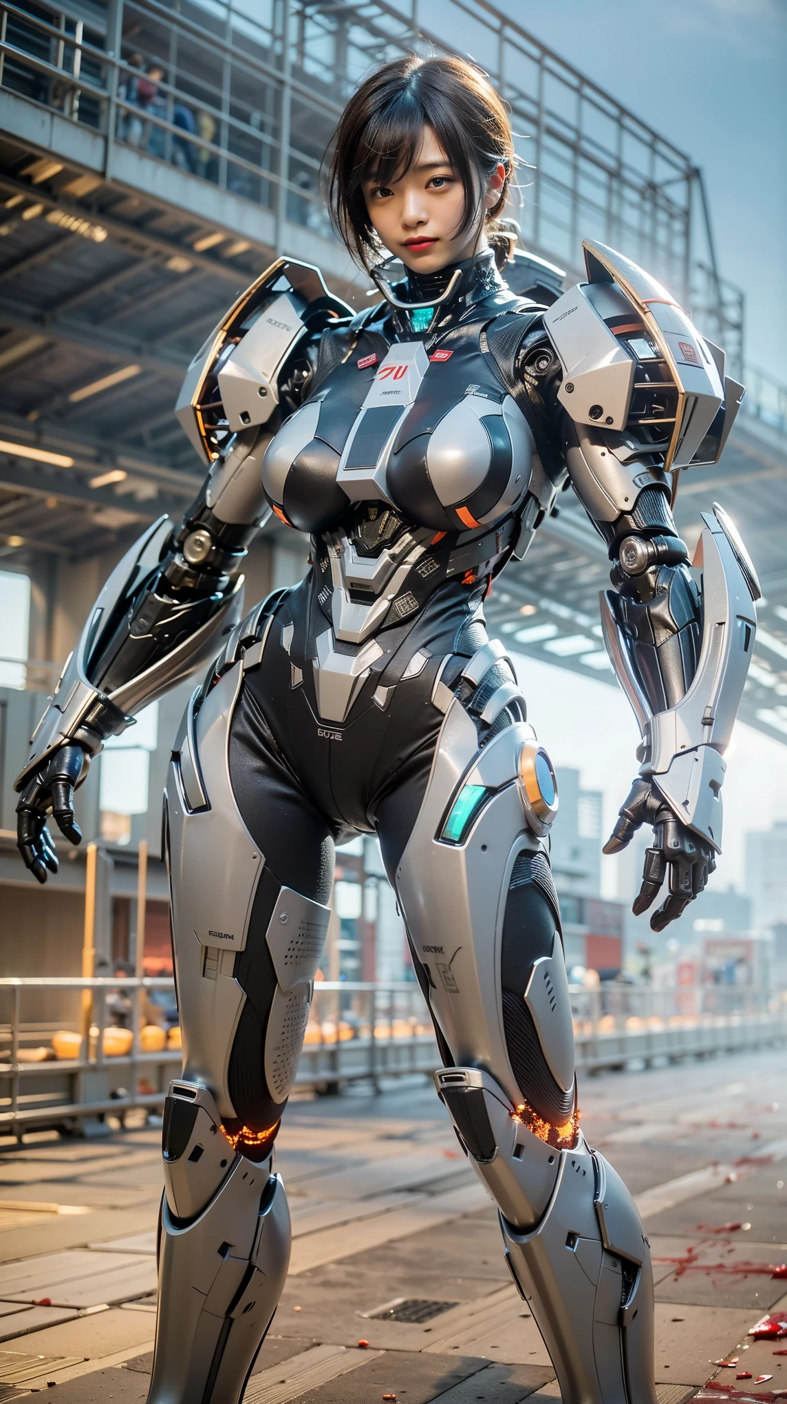 (Completely live action:1.37), (ultimate realistic textures:1.37), (masterpiece, best quality:1.2), (8k uhd, 16k, 32k, ultra high res), amazingly realistic skin, amazingly realistic photo, superrealism, (photorealistic:1.37), (RAW photo), extremely realistic, (extremely realistic all details), (extremely realistic all textures), extremely realistic lighting, extremely realistic shadow, (japanese girl:1.5), ((young face)), smiling, happy, extremery realistic face, extremely realistic skin, extremely realistic eyes, extremely realistic background, extremely realistic detail up, kkw-ph1, ((extremely intricate details, mechanical armor, Blood vessels, muscle fibers, skeleton))