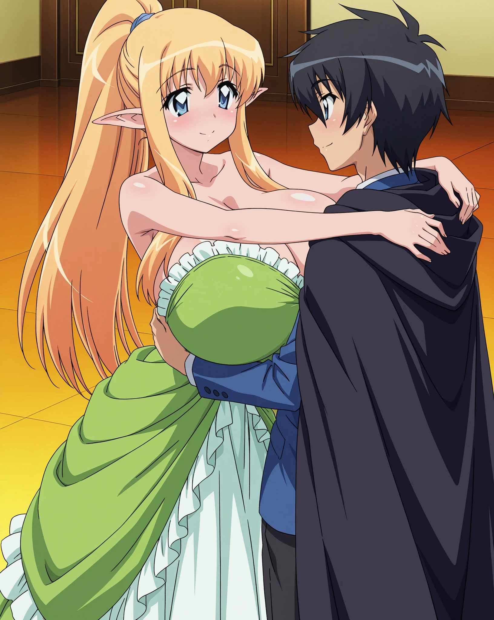 score_9, score_8_up, score_7_up, source_anime, anime coloring, anime screencap, 1 girl, solo, Tiffania Westwood (zero no tsukaima), elf, blonde hair, hair tie, ponytail, blue eyes, loving smile, white beautiful skin, gigantic breasts, cleavage, standing, couple dance, slim body, side view, green ballgown, strapless gown, frilled gown, long gown, 1 boy, Saito Hiraga (zero no tsukaima), black hair, blue jacket, black cloak, arms wrapped around shoulder, indoors, dance floor