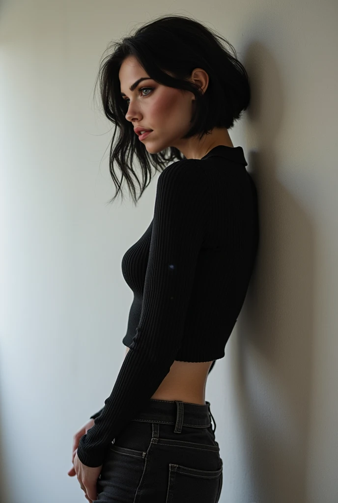 dynamic close-up of 1 Extremely slim and beautiful woman, perfect body, she stands Against a brick wall, (haircut, black hair), (detailed eyes big bright blue eyes), (with a small beauty mark near her mouth sensual), wearing short sweater showing shoulders, ultra realistic image vibrande and empinotisate, (she is all wet), dynamic vision, high quality 32k, hyper-realistic, cinematic.