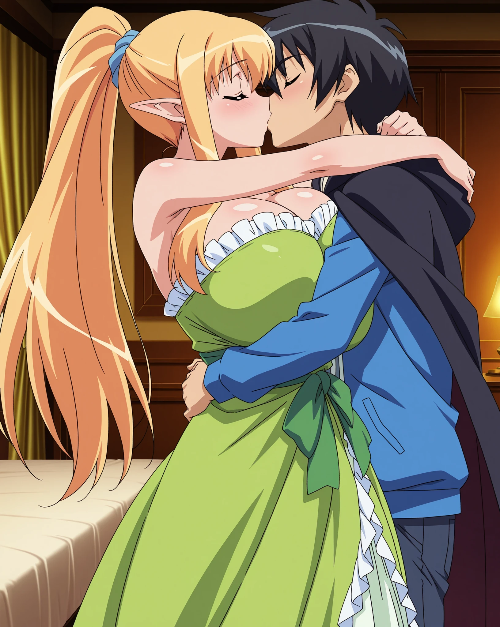 score_9, score_8_up, score_7_up, source_anime, anime coloring, anime screencap, 1 girl, solo, Tiffania Westwood (zero no tsukaima), elf, blonde hair, hair tie, ponytail, closed eyes, kiss, white beautiful skin, gigantic breasts, cleavage, standing, hug, slim body, side view, green ballgown, strapless gown, frilled gown, long gown, 1 boy, Saito Hiraga (zero no tsukaima), black hair, blue jacket, black cloak, arms wrapped around shoulder, indoors, bedroom