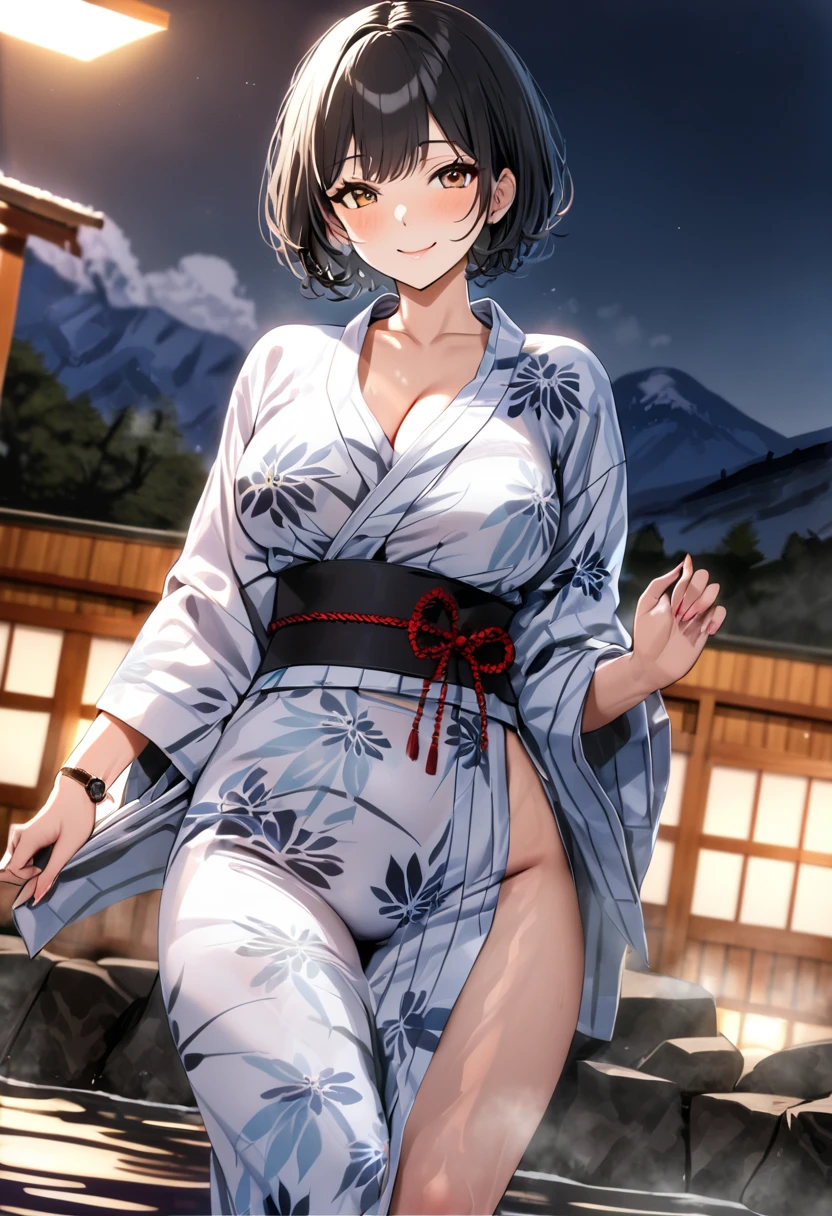 (masterpiece, best quality, ultra resolution), 1girl, beautiful japanese girl, brown straight hair, short hair, slender body, normal breast, cleavage, kimono, yukata, short yukata, see-through, japanese clothes, garter_belt, old street, standing, add_detail:1, add_detail:0, add_detail:0.5, japanese kimono, kimono lady, kimono girl, japanese kimono lady, japanese kimono girl