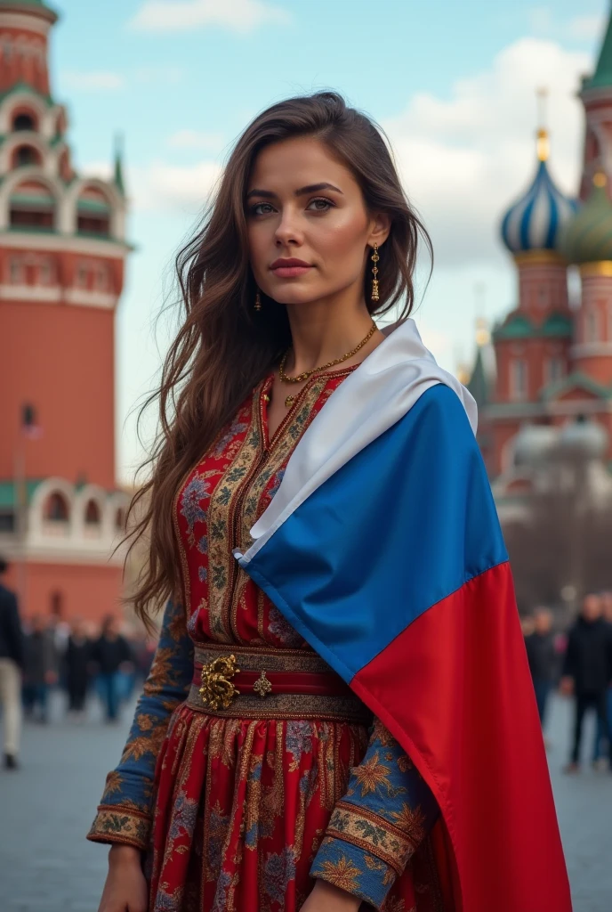 A Russian woman. . with a flag of his country, It is located in Moscow in the city. In the background you can see buildings important to Russian culture. The clothing style is colorful.