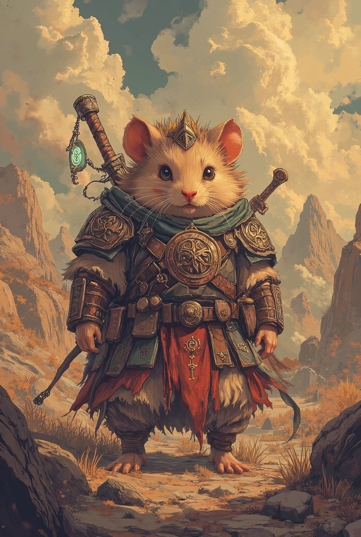 celtic warrior hamster ,fantasy style, masterpiece, Best quality, Super Detail,4K,standing in a mystical steppe, extremely detailed 8k photo with very realistic presentation, dramatic lighting, kinematic composition, epic fantasy scene ,fluffy,bulky and big,powerful,stark,((glowing celtic runes on his body:1.4)),front view