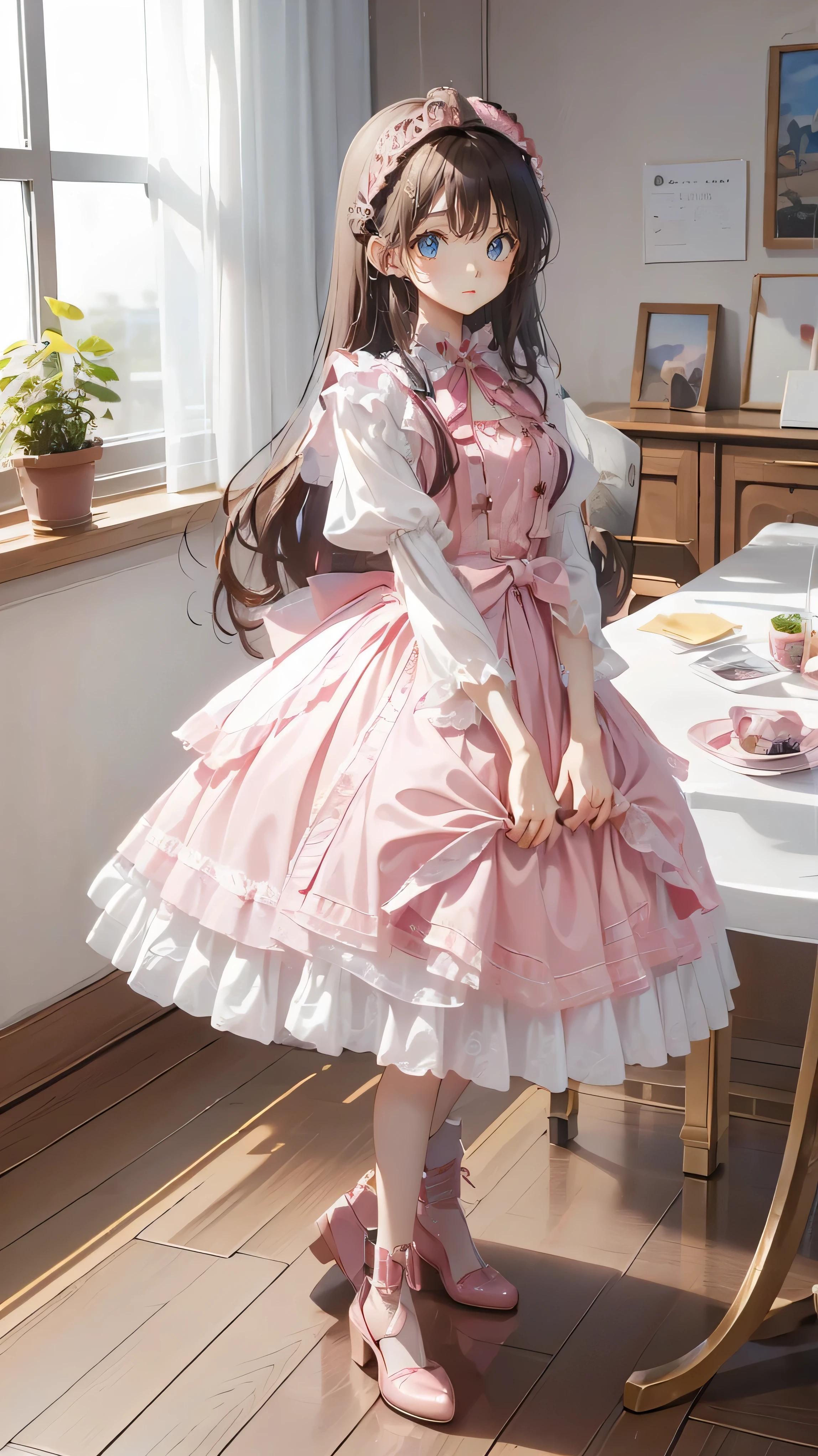 ( TOP QUALITY,4K, high definition, masterpiece:1.2), very well detailed,  exists:1.37,,(full body, I can see your feet and shoes : 1.2),、((    pink dress in one hand   )), super existing photo of a girl in a majestic light pink and gold ballroom dress, Big beautiful dress, full of ruffles and rhinestones、intricate and voluminous ball gown ( TOP QUALITY,  table top,  Art Station,  fantasy art depicting a dragon:1.2), beautiful it's cute girl, (long golden curls :1.1), (exquisite gold short skirt, full bodyショット)、  anime style、story、、 beautiful girl、very it's cute angel、  pink gothic dress  、  it's cute 、、smile、 I love long skirts、,  black long boots  、 TOP QUALITY,  masterpiece, 最 high definition,   artwork, super それにGet used to it, many Get used to it, Get used to it, それにGet used to it, woman, ,(( pink victorian luxury ball gown )),  long dress ,  dress with lots of ruffles and bows  ..  with a tiara on her head  ,luxury,1 person,   Pink Brown Hair  ,  pink eye、Pink World,( girl in a pink princess skirt ), pink hair wound,pink bedroom layout, pink bed,  Pink Mosquito Net  ,Pink furniture,  incredible tail   ,(tangled, Mandala, Tangle, enTangle:0.6),(Make art), Beautiful Chaotic Shapes  ,Beast Design, behind,  pink high heels,  perfect hand,
