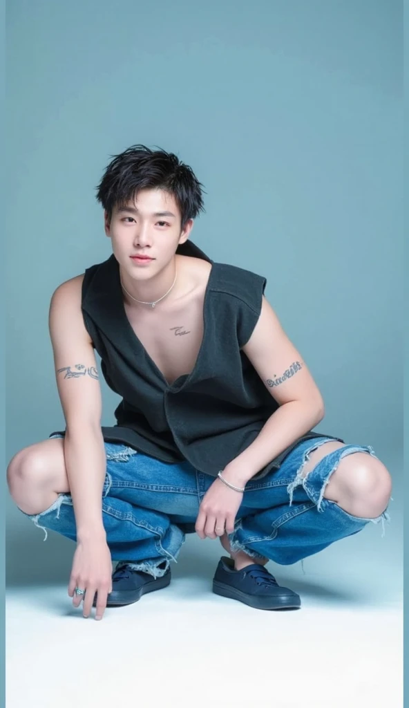 arafed man in a denim vest and jeans posing for a picture, cai xukun, yanjun chengt, inspired by Xia Yong, inspired by Xie Huan, handsome chad chin, inspired by Chen Chi, bian luan, inspired by Yanjun Cheng, inspired by Bian Shoumin, inspired by Dai Jin, inspired by Xiao Yuncong