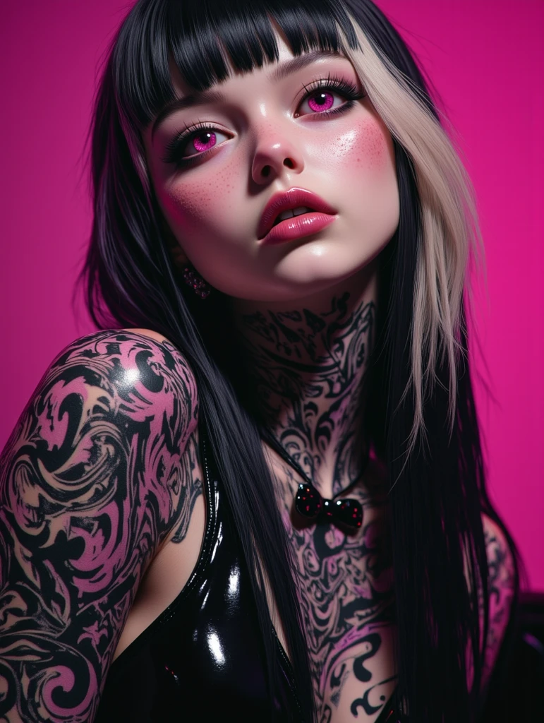 (monochrome:1.4), a woman with  ( colorful  hair:1.4) and tattoos on her chest and chest, with a black bra top and a black bra, (realistic:1.2)