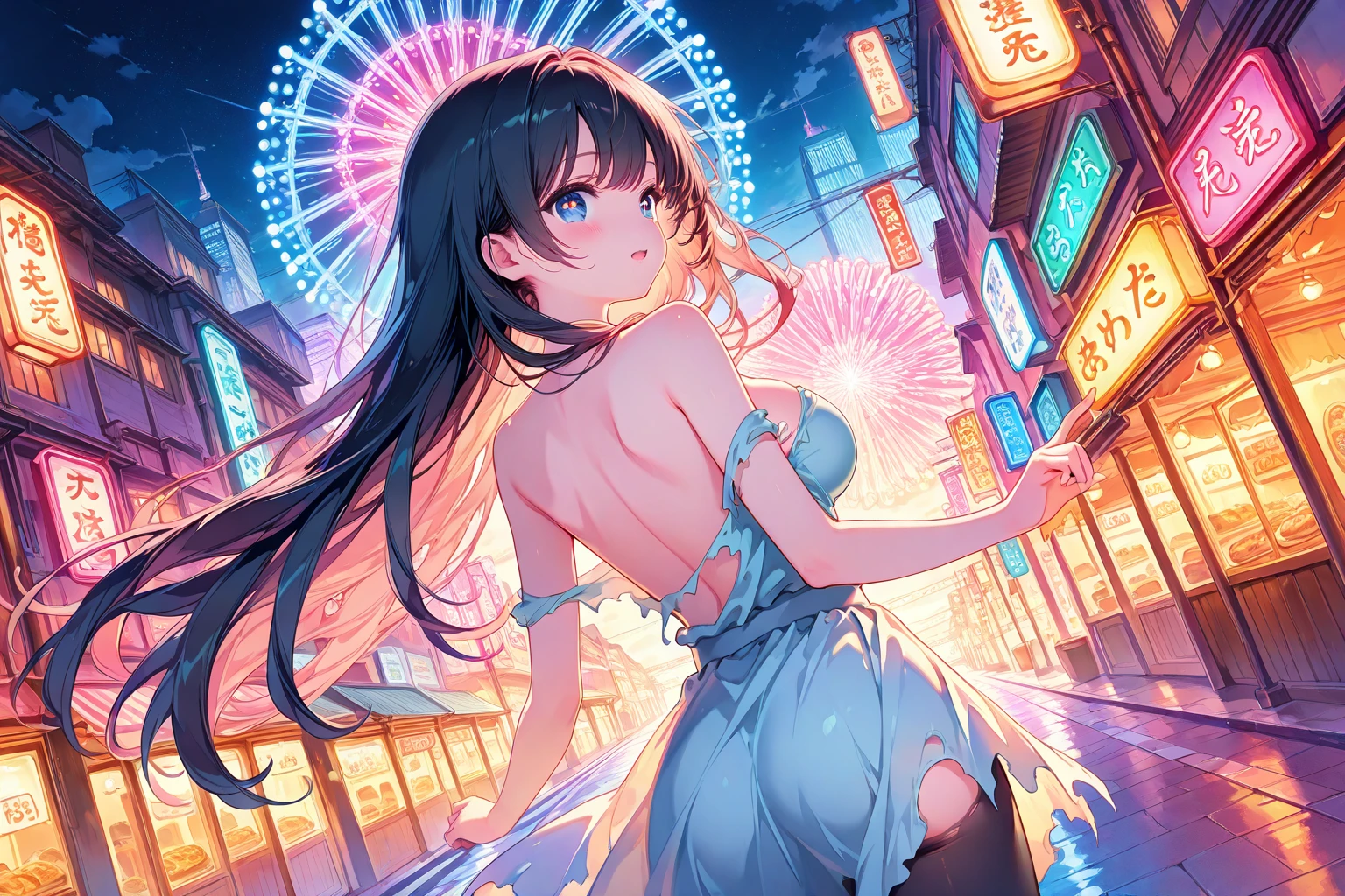 (Backlight,Umbilical cord:1.1,Black Hair),Beautiful girls in school uniforms on the busy streets of Gintama, There are vendors all around, Beautiful portrait of a stunning goddess girl, Beautiful and delicate face, Porcelain skin, Half-length photo, Center,((moonlight,night,Big neon sign,Strong neon lights,Rim Light,Two-tone lighting))),