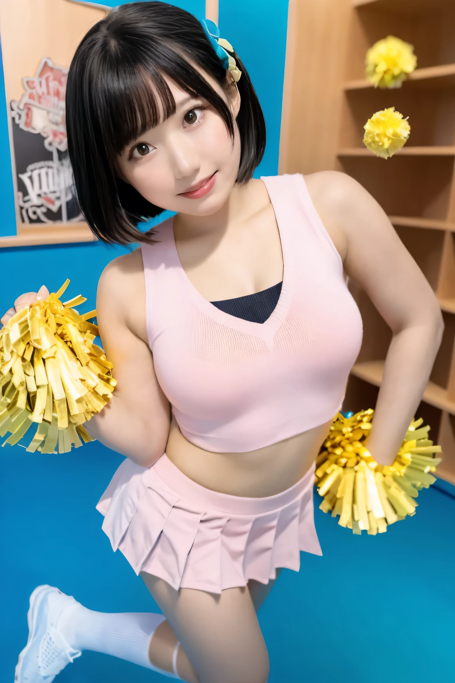 masterpiece, top quality , illustration, very exhaustive , exhaustive, high resolution, 8k, wallpaper, perfect dynamic configuration,( exhaustive and high quality, smile, realistic depiction of eyes kissed in a changing room:1.3), is standing, curvaceous, (A yellow cheerleader uniform holding yellow pom-poms:1.3), ( holding yellow pompoms in hand :1.4), (pink with baseball team logo, sleeveless tunic :1.4), pink tops, (Bold V-neck:1.3), ((Blue Line, ) Tops:1.3), ((Fit and flare, A-line):1.3), (A-line yellow rah-rah skirt:1.3), miniskirt, ( black socks:1.3), ( sports shoes :1.2),short bob, big breast , Big, Firm, Swaying Bust, black hair, Harajuku style、 20 year old girl 、 the cutest type for women 、 beautiful legs, gravure idol