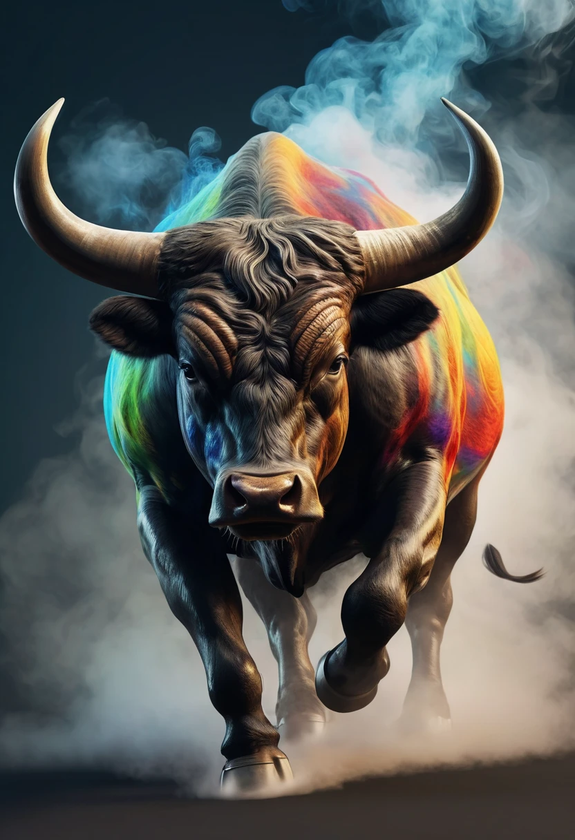 realistic angry bull multicolor scin, smoke geting out of his nostrils like breath