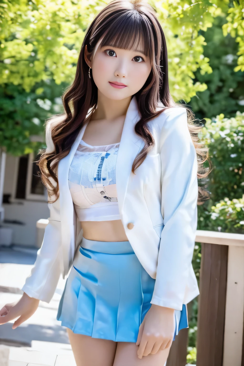 ( full body shot)、(business suit)、I can see everything up to my toes 、 white silk blouse ( 2 buttons off ) (Light blue jacket)、(light blue tight micro mini skirt) 、 wearing white socks during the daytime 、 25 years old very beautiful Japanese woman ( slender、 white skin、big breasts、 long wave hair 、brown hair、 looking at the camera、 hiding my nose and mouth with both hands) Super High Definition 、8k、 beauty、cute、 sexy、