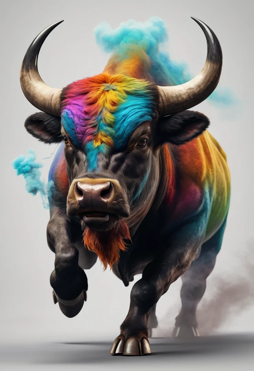realistic angry bull multicolor scin, smoke geting out of his nostrils like breath