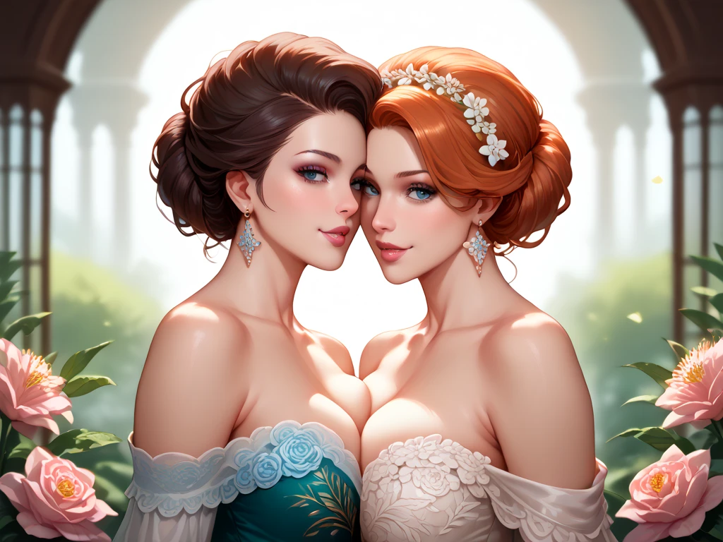 Two adult women fun garden flowers lingere flirty private propetery winter