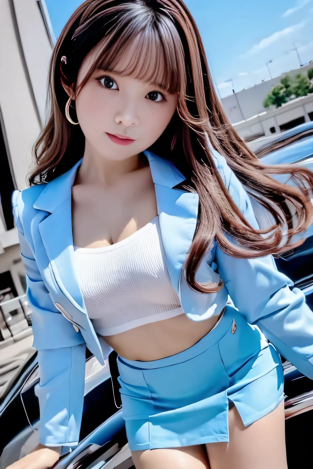 ( full body shot)、(business suit)、I can see everything up to my toes 、light blue silk blouse ( 2 buttons off ) (Light blue jacket)、(light blue tight micro mini skirt) 、Pretty Long Legs 、 (light blue high heels)、 25 years old very beautiful Japanese woman ( slender、 white skin、big breasts、 long wave hair 、brown hair、 looking at the camera、 hiding my nose and mouth with both hands) Super High Definition 、8k、 beauty、cute、 sexy、
