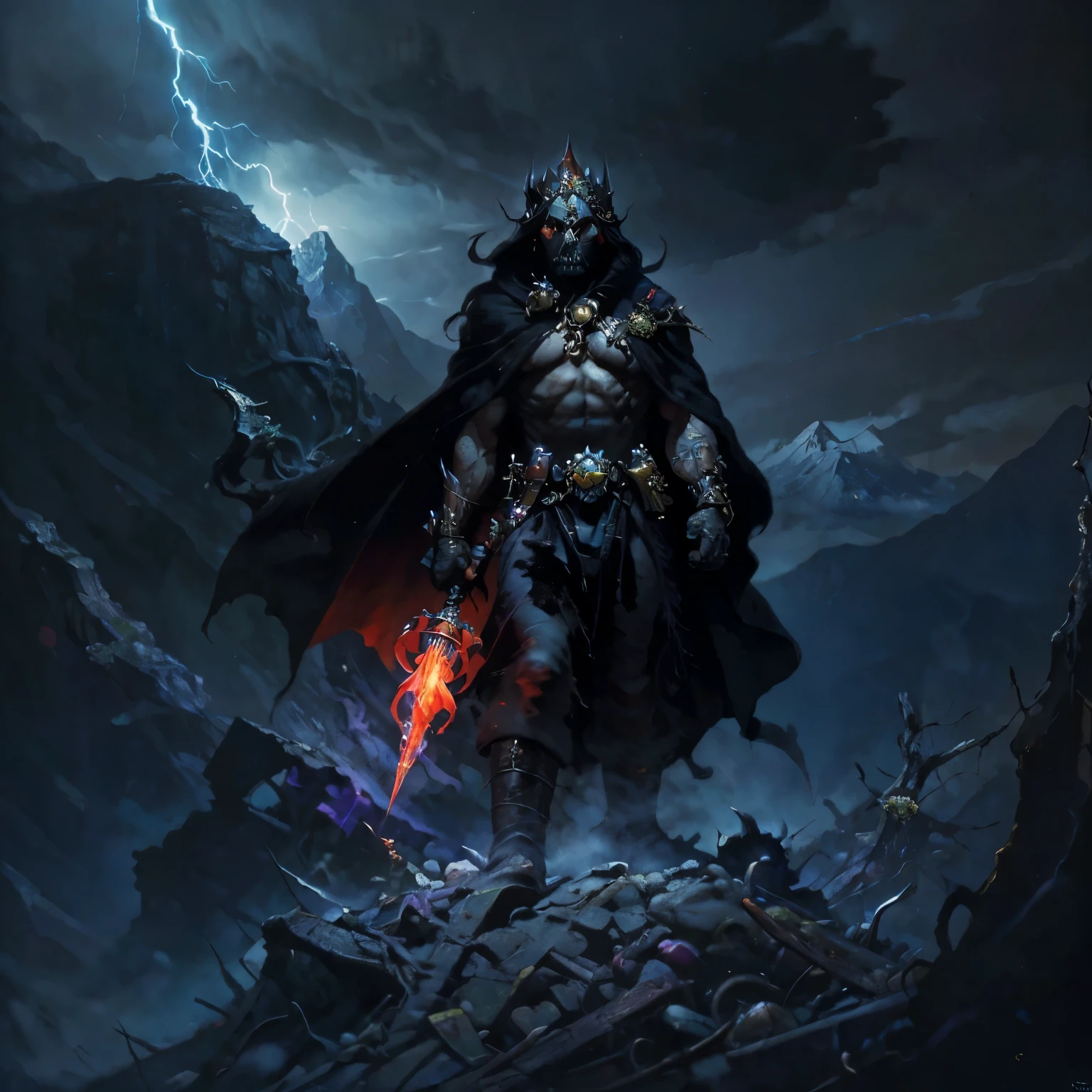 Boris Vallejo style portrait of an evil sorcerer king, necromancer, 80s-style oil. The character's face resembles a skull, with with deep eye sockets and an ominous smile. on head crown , decorated with black gems, with sharp thorns , giving her a threatening appearance. The king is dressed in a long red cloak, who flutters in the wind , underneath is a dark, , an exquisite costume with magic symbols, The barrel smokes slightly. His hands are wrapped in black gloves, , and in one of them he holds an ancient magic rod, radiating dim light. There is a dark atmosphere around him, filled with thick fog, from which flickering shadows and ghostly creatures appear, emphasizing its dark magic. In the background, you can see the majestic mountains, shrouded in clouds, creating a sense of mystery and threat, and lightning sparkles in the sky, adding drama to the scene