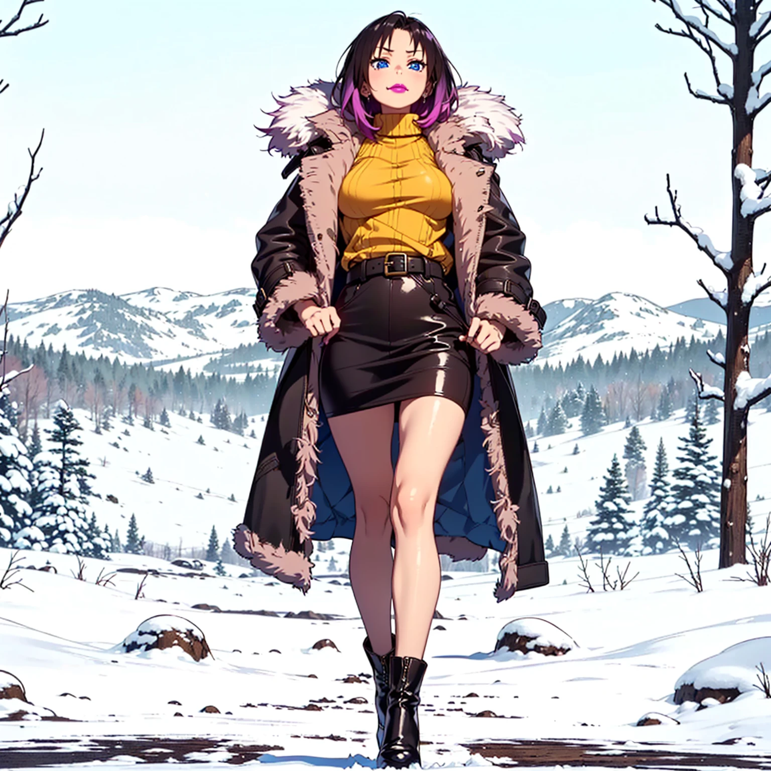 (1girl, solo, alone), ((elma, elma_maiddragon, ElmaDragonMaid_NDV, short hair, black hair, blue eyes, colored hair, purple highlights, purple hair)), ((solo, (1woman, (big bust), pink lipstick, blue eyes), Extremely detailed, ambient soft lighting, 4k, perfect eyes, a perfect face, perfect lighting, a 1girl)), ((fitness,, shapely body, athletic body, toned body)),  ((warm clothes, overcoat, fur coat, yellow sweater, leather skirt, tights, pantyhose, high heel boots, mountainous environment, snow, sunny day, forest, tundra forest, xuer white fur coat, red lining, smug, belt, red lipstick, walking, parading))