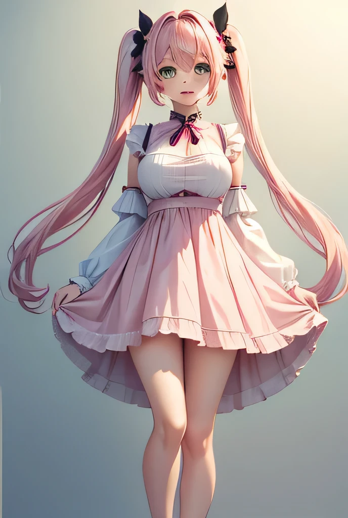 cherry blossoms、Light pink and、Dark pink two-tone hair color、Gradient Hair、Long Hair、Magenta eyes、White off-the-shoulder clothing、Black and pink asymmetrical mini skirt、Heel、woman、Boobs a little big、Ultra HD
