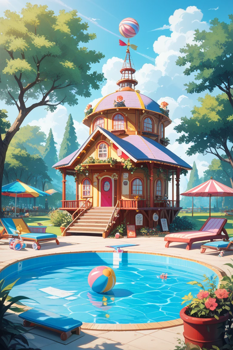 Poster, background blue sky white cloud Pixar style, 3D, foreground pool, water park, cute children playing in the pool, cartoon cute, super details, front and rear space sense is obvious, the picture should have impact
