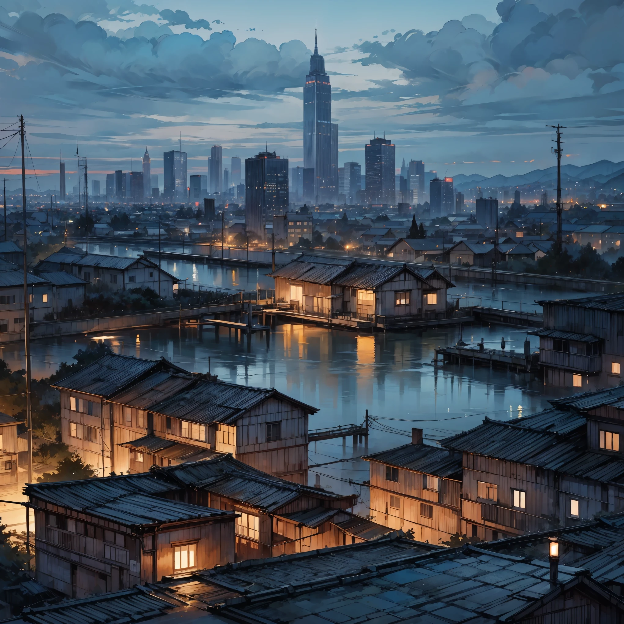 masterpiece, TOP QUALITY, Water surface reflection, city,Tranquility、 at dusk