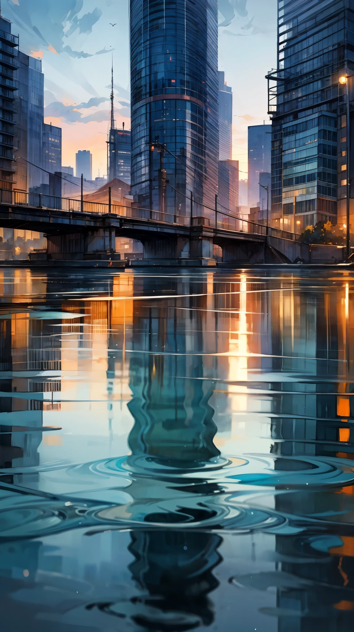  masterpiece, TOP QUALITY, Water surface reflection, city,Tranquility、 at dusk 