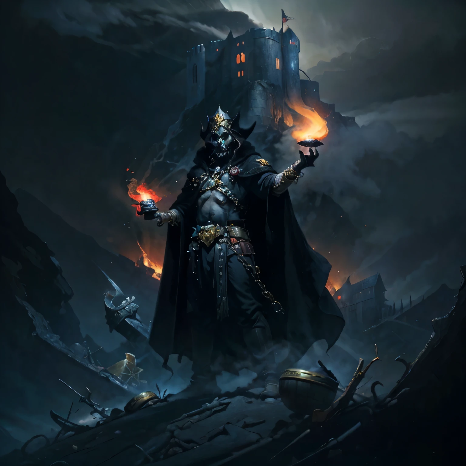 The skull turns, with with deep eye sockets and an ominous smile.  golden crown on the head , decorated with black gems,  The Skinny King, very thin, greedy ,  Treacherous , as thin as a skeleton, thin arms. The king is dressed in a long red cloak,  who flutters in the wind , underneath is a dark, , an exquisite costume with magic symbols, The barrel smokes slightly. The king holds gold coins, that fall from his hands,  There is a dark atmosphere around him, filled with thick fog, from which flickering shadows and ghostly creatures appear, emphasizing its dark magic. In the background, you can see the majestic mountains, shrouded in clouds, creating a sense of mystery and threat, and lightning sparkles in the sky,  adding drama to the scene . In the background, you can see an ominous castle. the sky lights up red and yellow as a symbol of cruelty and greed, under the king's feet, gold coins