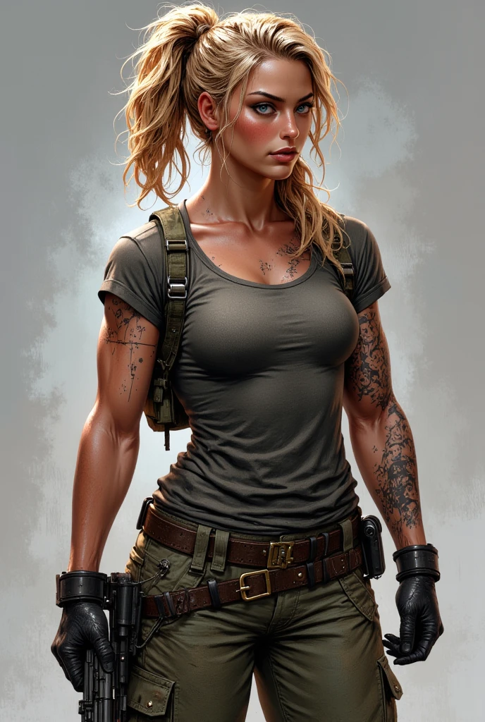 jessica "jess" Monroe ( Mercenary of the USA .UU.)
Nationality: United States.
Age: 27 years old Height: 1. 72 m
Complexion :  Athletic and a toned body
Hair :  Blonde and medium length ,  tied in a ponytail or braid , ; messy but stylized locks
Skin : Tanned
Face :  She has tough and defined features ,  strong jaw and an expression that is often serious or focused,  straight nose and thin lips
Clothing : jess prefiere ropa táctica y funcional,  such as training t-shirts ,  bulletproof vests and cargo pants ,  is usually in neutral colors or camouflage ,  she also wears gloves and goggles
Posture :  Her posture is alert and ready for action
Special Feature : jess tiene un tatuaje en la parte superior de su brazo derecho,  a design of skulls and chains .