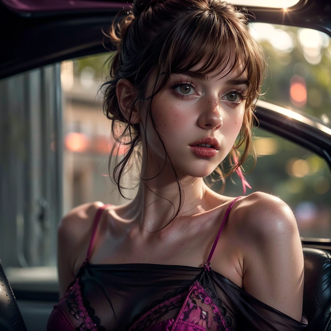 a woman, sleeping with her mouth open, sleeping on the train, beautiful, hair tied up, eyelids made up, arms drooping, dressed in a sexy way
