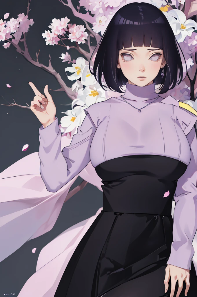 { - anatomy error} (Masterpiece - Ultra-detailed, very high resolution) (huge titusty, masterpiece, absurdres, hinata\(boruto\), 1girl, solo,mature female, lilac turtleneck blouse, high waist black short skirt, looking at viewelling petals), perfect composition, detailed lips, big breast, beautiful face, body propotion, blush, (pink lips), short hair, (black hair), purple eyes, soft gaze, super realistic, detailed, photoshoot, realistic face and body, closed mouth, dancing ligthly , lilac eyes, full body, with chin resting on shoulder, perfect fingers, inocent face