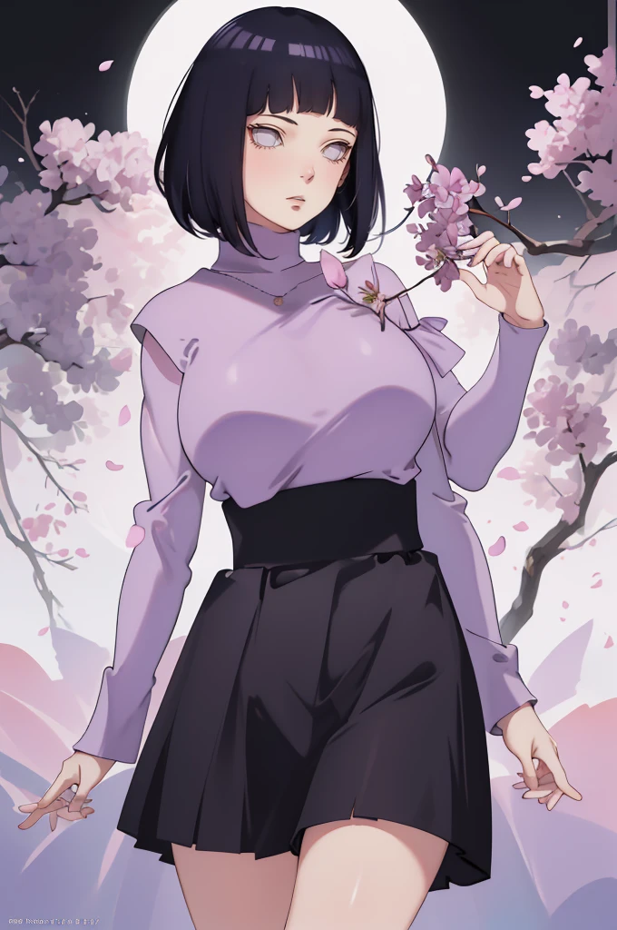 { - anatomy error} (Masterpiece - Ultra-detailed, very high resolution) (huge titusty, masterpiece, absurdres, hinata\(boruto\), 1girl, solo,mature female, lilac turtleneck blouse, high waist black short skirt, looking at viewelling petals), perfect composition, detailed lips, big breast, beautiful face, body propotion, blush, (pink lips), short hair, (black hair), purple eyes, soft gaze, super realistic, detailed, photoshoot, realistic face and body, closed mouth, dancing ligthly , lilac eyes, full body, with chin resting on shoulder, perfect fingers, inocent face