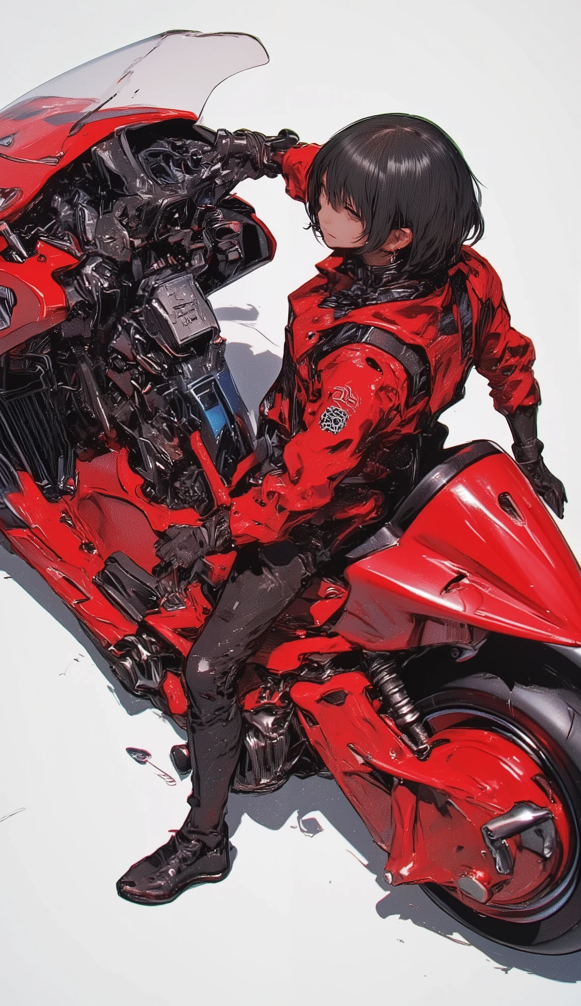 shot from above、Akiraのバイク、motorcycle poster with red design, Akira's motorcycle, Akira motorcycle, Akira art style, Akira japanese art, Akira artstyle, Akira vibes, 19xx :2 Akira movie style : 8, Akira style illustration, Akira, Akira moto, in the style of Akira, Akira style, Akira movie style, Akira color palette