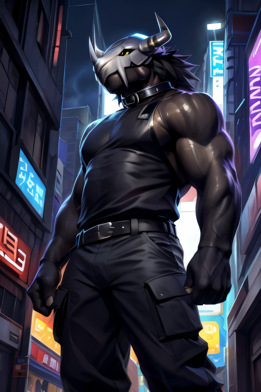 (by null-ghost, by darkgem, by kumak), (black wargreymon), black skin, black helmet, black mane, safe, markings, black sclera, yellow eyes, male, solo, black sleeveless sweatshirt, cargo pants, collar, fancy, night, city, akihabara, neon lights, ambient light, low angle, ground level shot