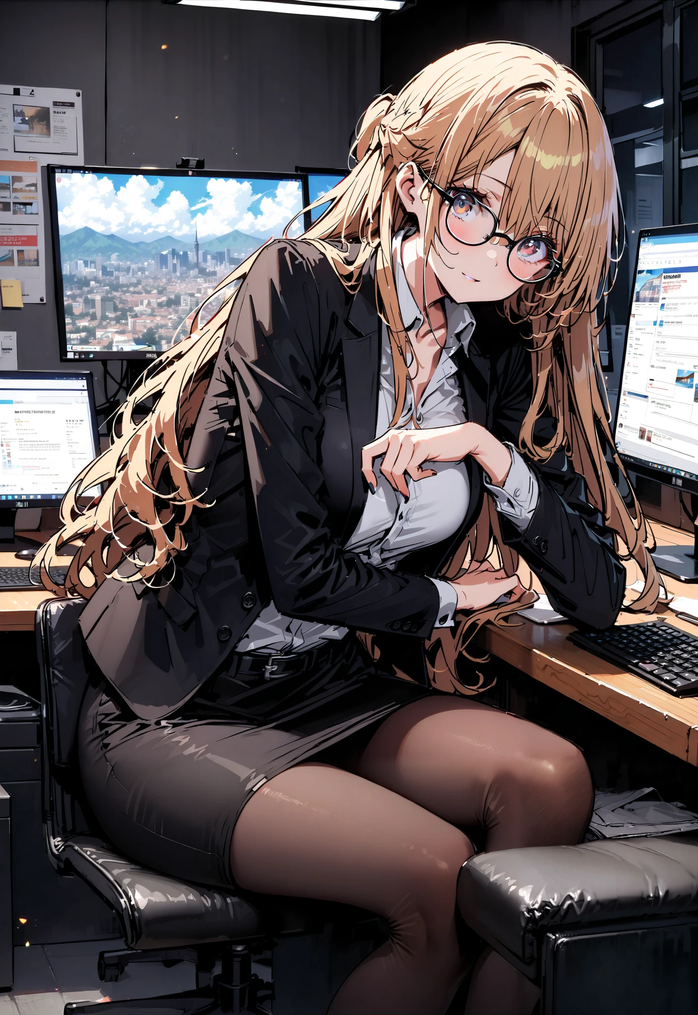  score_9,  score_8_up,  score_7_up,  source_anime, Asuna Yuki ,  long hair, Hair,brown eyes, bangs,Medium breast,,half updo, suit, pencil skirt,  jacket,  shirt,black pantyhose,Stiletto Heels,Glasses, sitting on a chair with legs crossed, Interior , computer placed on the table, beautiful scenery,full bodyがイラストに入るように,      break indoors, office,
break looking at viewer,full body,
break (masterpiece:1.2),TOP QUALITY , kampala, Unity 8K Wallpaper ,(shape:0.8),(  fine, beautiful eyes  :1.6),It's a person ,full body写真,CG Details , ( perfect hands, complete anatomy),