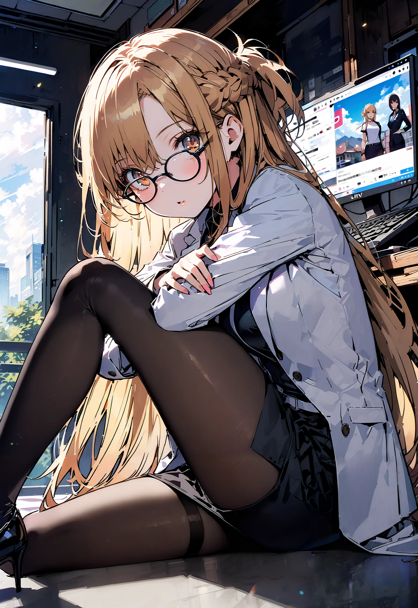 score_9, score_8_up, score_7_up, source_anime, Asuna Yuki , long hair, Hair,brown eyes, bangs,Medium breast,,half updo, suit, pencil skirt, jacket, shirt,black pantyhose,Stiletto Heels,Glasses, sitting on a chair with legs crossed, Interior , computer placed on the table, beautiful scenery,full bodyがイラストに入るように, break indoors, office,
break looking at viewer,full body,
break (masterpiece:1.2),TOP QUALITY , kampala, Unity 8K Wallpaper ,(shape:0.8),( fine, beautiful eyes :1.6),It's a person ,full body写真,CG Details , ( perfect hands, complete anatomy),