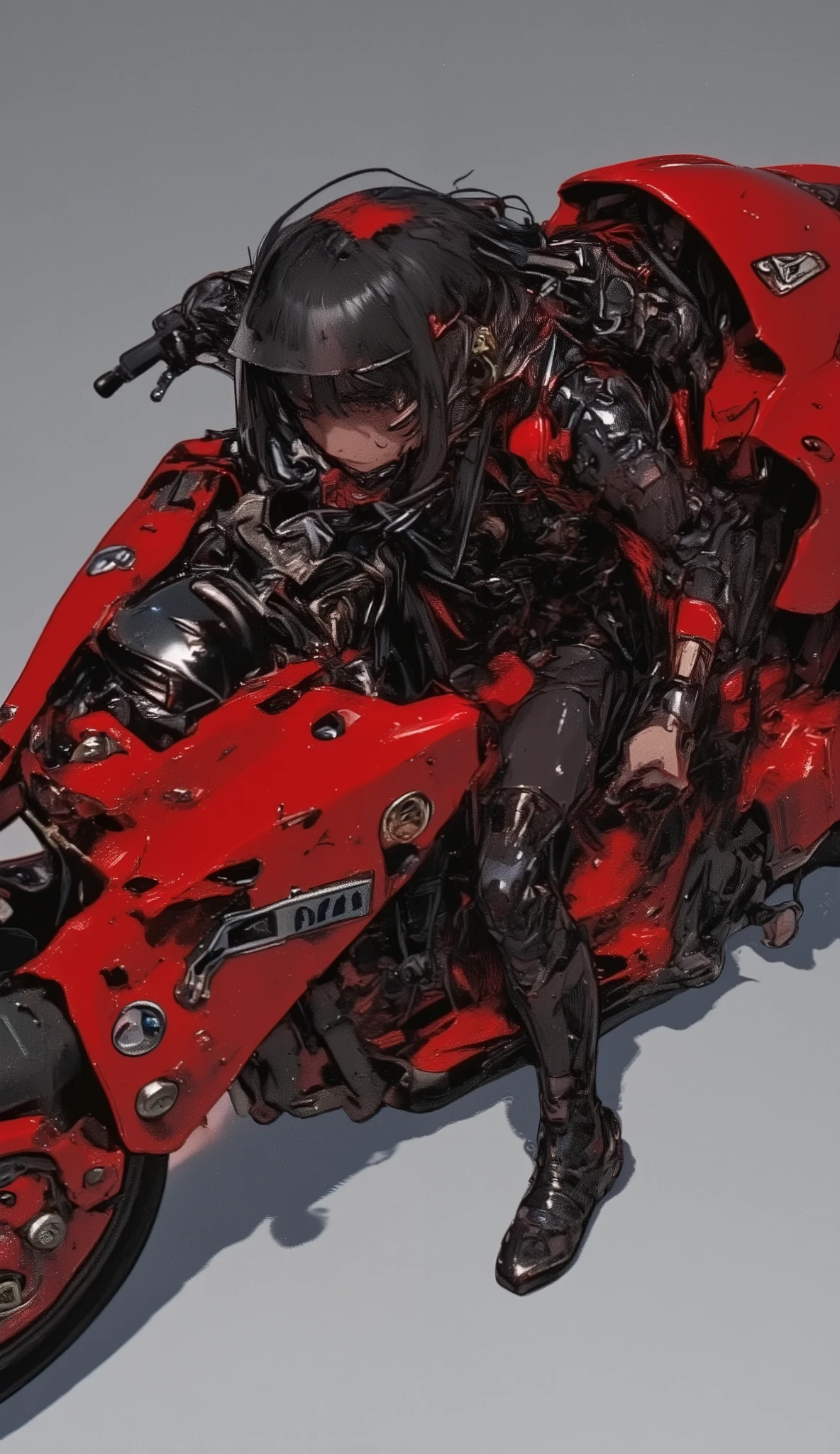 shot from above、Akiraのバイク、motorcycle poster with red design, Akira's motorcycle, Akira motorcycle, Akira art style, Akira japanese art, Akira artstyle, Akira vibes, 19xx :2 Akira movie style : 8, Akira style illustration, Akira, Akira moto, in the style of Akira, Akira style, Akira movie style, Akira color palette、anatomically correct、Fine hand、