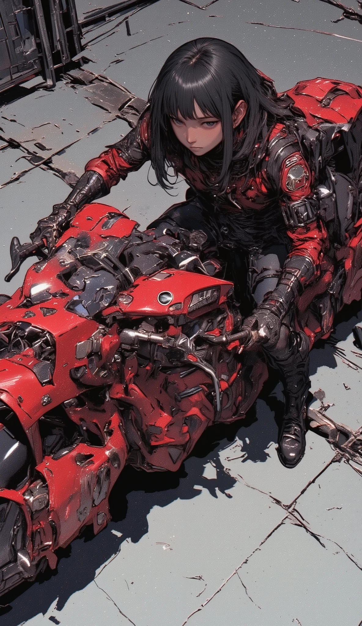 shot from above、Akiraのバイク、Akira Style Illustration {x} red design motorcycle poster, Akira's motorcycle, Akira motorcycle, Akira art style, Akira japanese art, Akira artstyle, Akira vibes, 19xx :2 Akira movie style : 8, Akira style illustration, Akira, Akira moto, in the style of Akira, Akira style, Akira movie style, Akira color palette、anatomically correct、Fine hand、