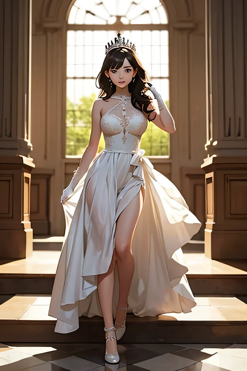 Great masterpiece, epic CG work, fashion model 25 years old [[[[full body]]], [[[[chest], [[neck], [shoulder]]]]], perfect eyes, perfect iris, perfect lips, perfect teeth, perfect skin, soft front light, glowing light, HDR, (pastel color: 1.2), standing on the runway in white transparent sexy bikini, full body size, light and shadow following, ceramic smooth skin
