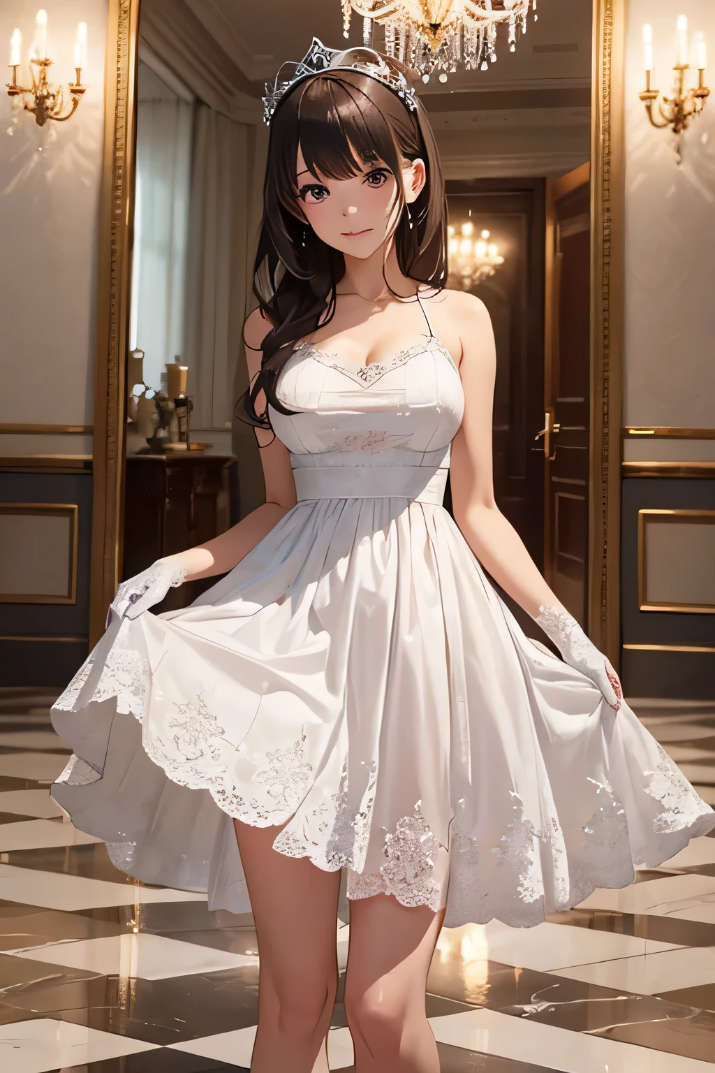 Masterpiece,stunning realistic, best quality, sharpness, 1 girl,16 years old,shoulder length hair,brown hair,(straight hair:1),orange eyes,(arms behind back:1),standing in a garden,white and black summerdress, 