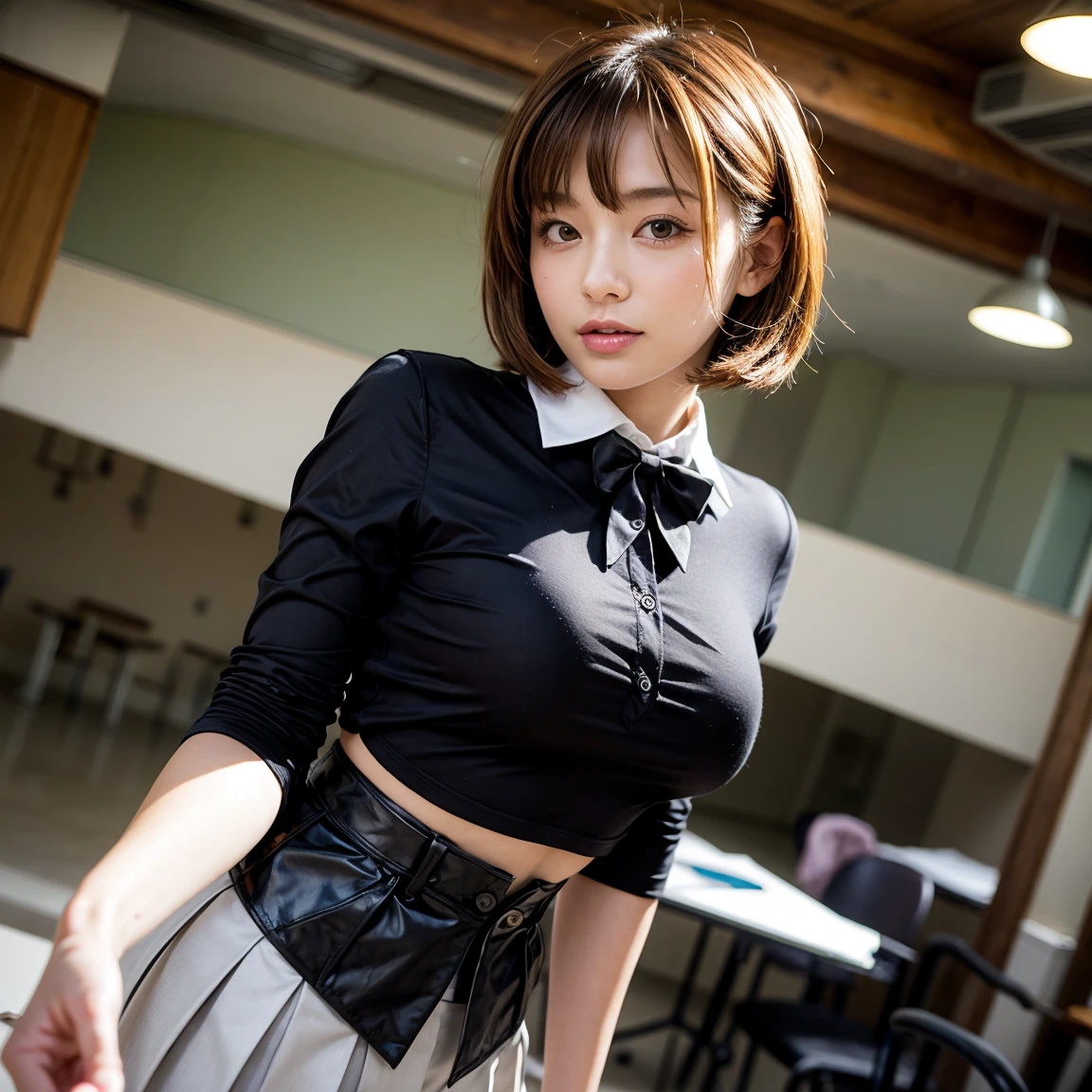 ((top quality, 8k, masterpiece: 1.3)), pretty woman with perfect figure: 1.4, (big breasts: 1.2), very detailed face and skin texture, detailed eyes, high school student, uniform, blouse, miniskirt, (posing at school: 1.2), 1girl, cinematic, full body, goddess of Japan, short hair, smile, there are students, being watched by people,