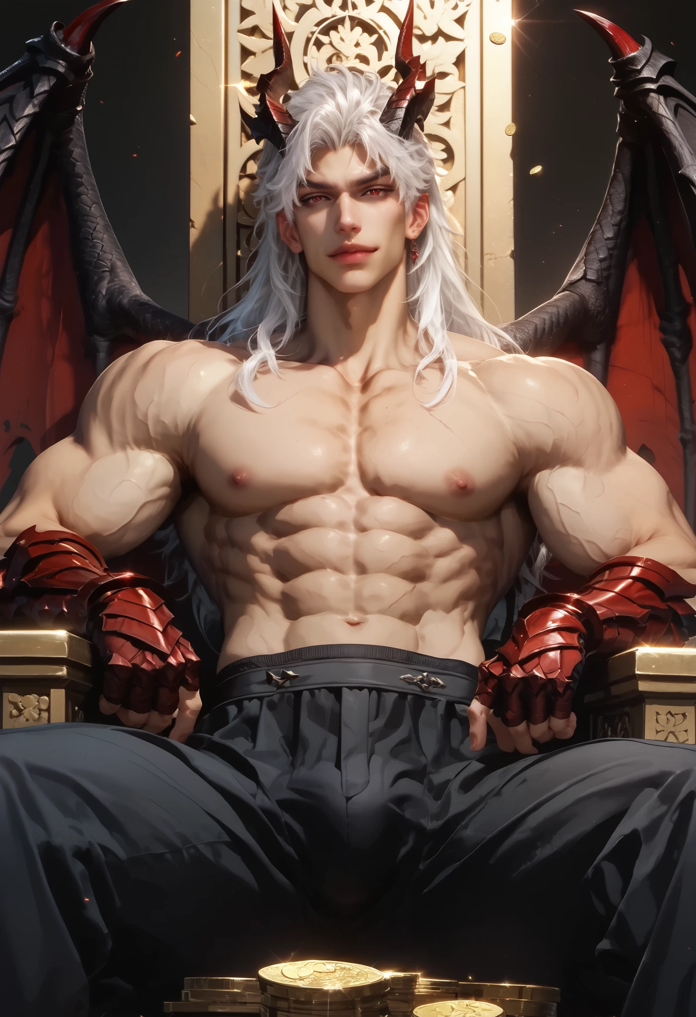 Anime illustration semi-realism of Chinese human dragon hybrid male, semi realistic, shirtless under armor, shirtless, topless, no shirt, muscular, very broad shoulders, smaller waist, slightly muscular body, Asian eyes, monolid eyes, long hair, (((long white hair))), pretty lips, (((red eyes))), sleek design, evil smirk, masculine facial features, detailed face, handsome face, sharp facial features, big bulge, sitting leaning back on big golden throne on top of gold coins arms on armrest, looking at viewer, dynamic light, black and red dragon wings, black dragon horns, has a black dragon tail, black and red armor, black red pointy jagged sharp hand armor, black red pointy jagged sharp body armor, black tight leather pants, full body picture,