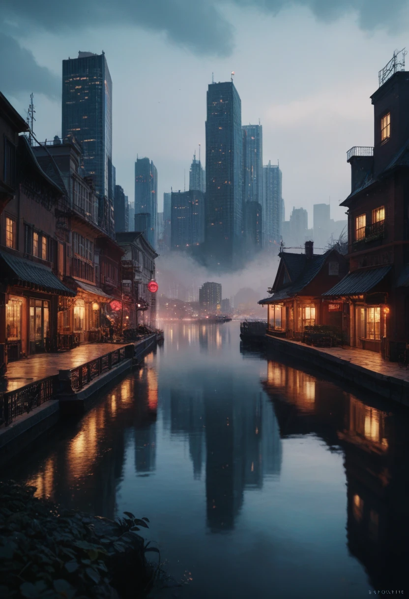 a large lake by side it, it is foggy and night time, very eerie and quiet, small city skyline in background