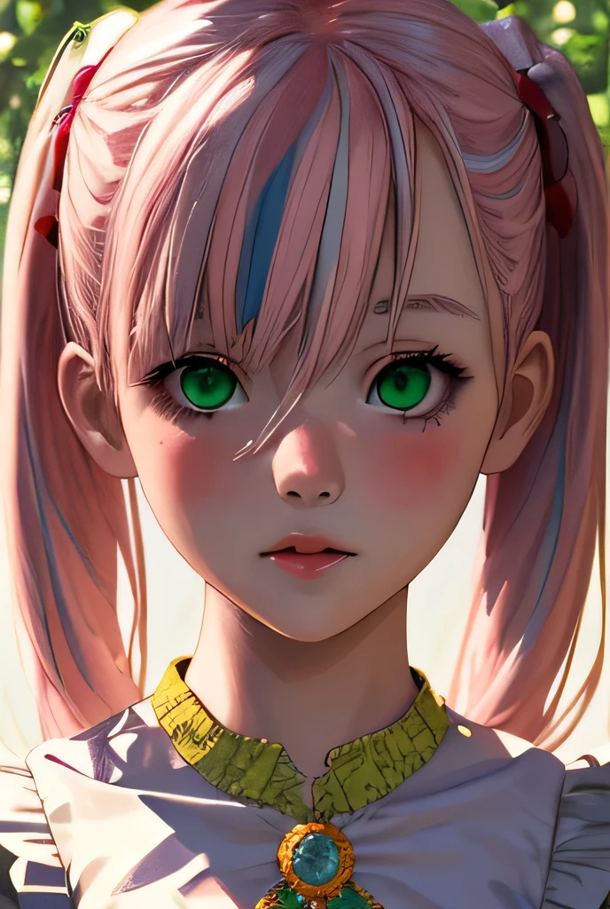 1girl, light pink hair, twin tails, full body view, green eyes
