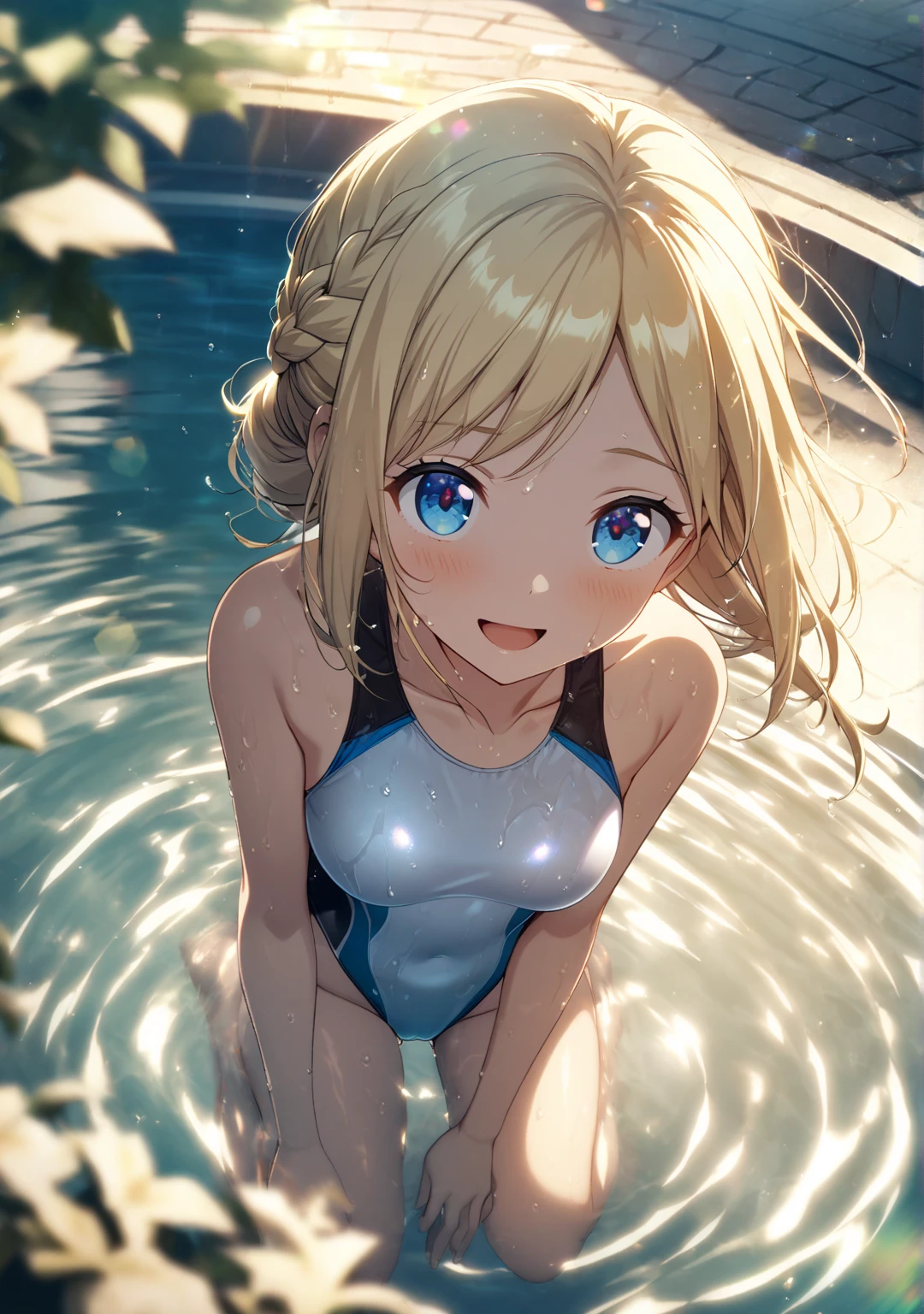8K quality,(super masterpiece:1.3),Highest quality,Detailed Images,1 female,symmetrical beauty,Sagasawa Fumika,10th Generation,Medium build,(smile,smile),(Blonde,Long Hair),(Thick eyebrows,Thick eyebrows),(Droopy eyes,Green Eyes,Green Eyes,Bright Eyes),(Large Breasts,F cupの胸),Tan Skin,(School Swimsuit),(Draw the whole body,Sit with your knees bent,Sitting on the ground,Leg spread),(background:Deep Underwater,Full body in deep water,Fantastic underwater),(Face directly towards the camera,Looking directly at the viewer,looking at the camera,The body faces the viewer,The body is facing the direction of the camera,Face looking straight into the camera).
