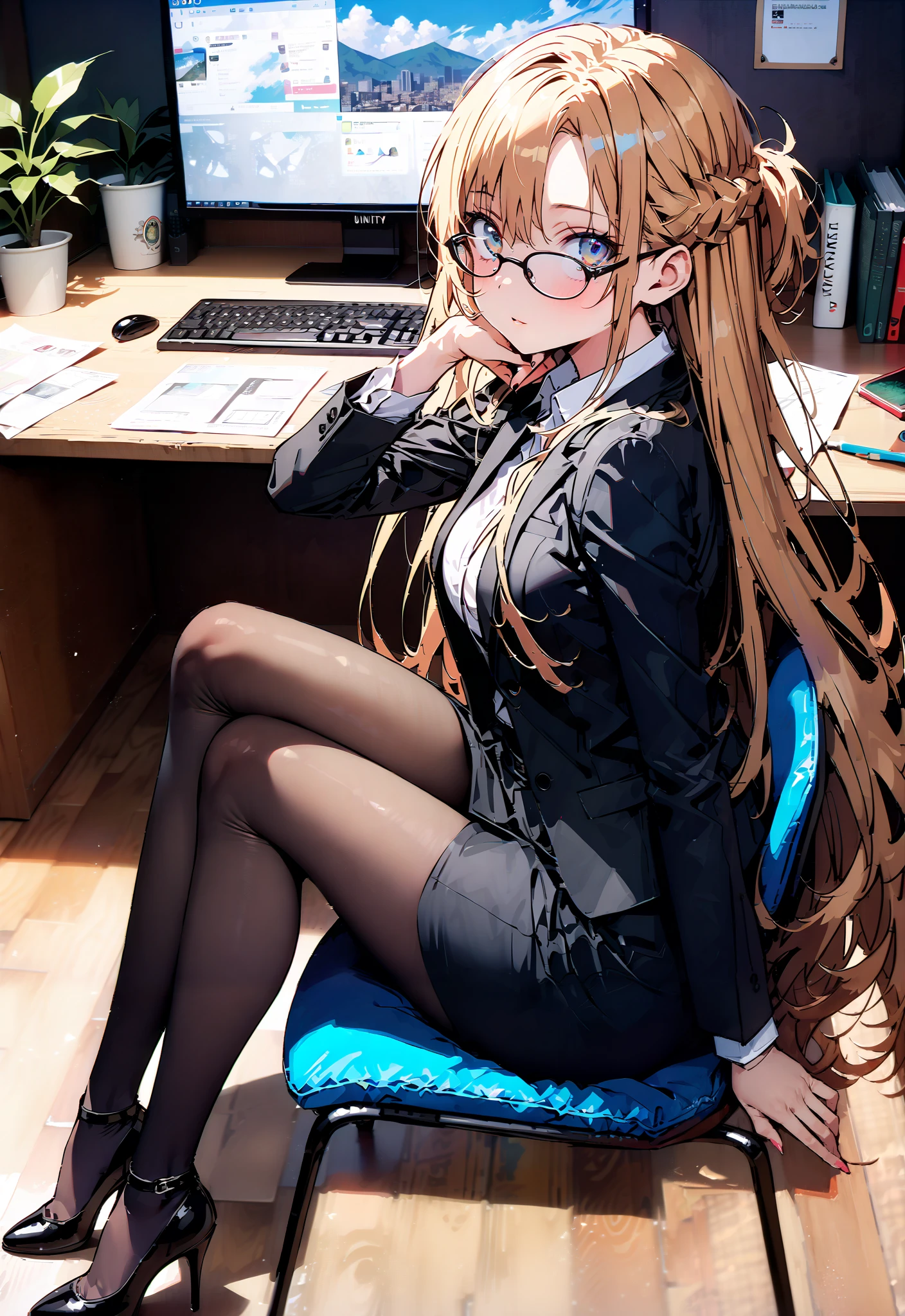 score_9, score_8_up, score_7_up, source_anime, Asuna Yuki , long hair, Hair,brown eyes, bangs,Medium breast,,half updo, suit, pencil skirt, jacket, shirt,black pantyhose,Stiletto Heels,Glasses, sitting on a chair with legs crossed, Interior , computer placed on the table, beautiful scenery,work table,full bodyがイラストに入るように, break indoors, office,
break looking at viewer,full body,
break (masterpiece:1.2),TOP QUALITY , kampala, Unity 8K Wallpaper ,(shape:0.8),( fine, beautiful eyes :1.6),It's a person ,full body写真,CG Details , ( perfect hands, complete anatomy),