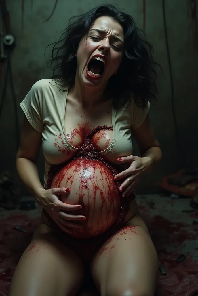 a pregnant woman hanging on a hook with her tongue sticking out and a lot of blood dripping on the floor of the room
